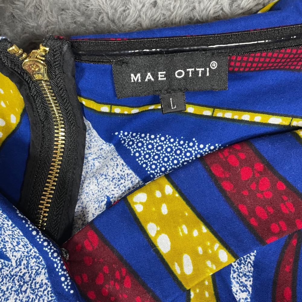 Mae Otti African Wax Print Cotton Midi Dress Faux Wrap Large Pockets Colorful - Picture 3 of 12